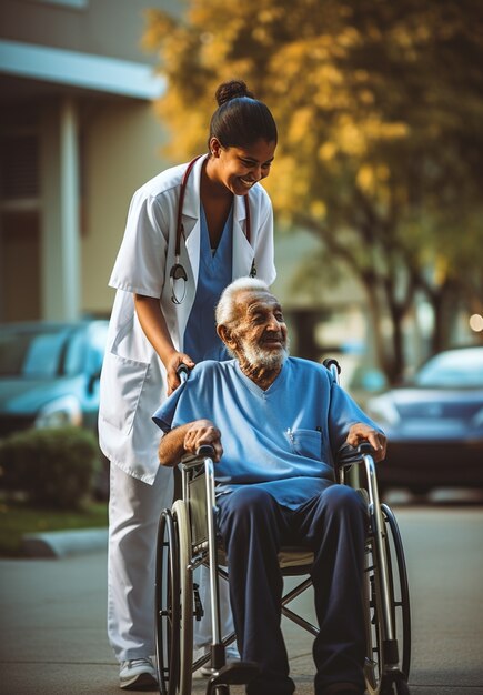 Szene aus einem Pflegejob mit einem älteren Patienten, der versorgt wird