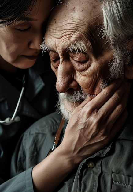 Szene aus einem Pflegejob mit einem älteren Patienten, der versorgt wird