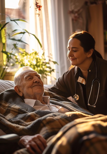 Kostenloses Foto szene aus einem pflegejob mit einem älteren patienten, der versorgt wird