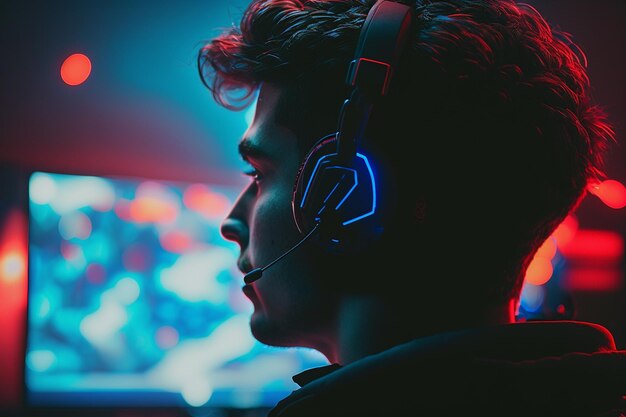 Szene eines professionellen eSport-Spielers im Profil, gefärbt mit generativer KI mit rotem und blauem Licht