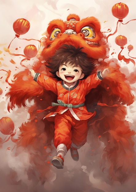 Szene im Anime-Stil für die Feier des chinesischen Neujahrs