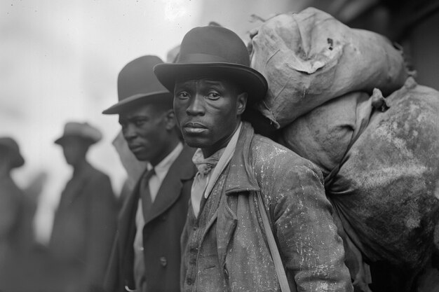 Szene mit afroamerikanischen Menschen, die sich in alten Zeiten im ländlichen Gebiet bewegen