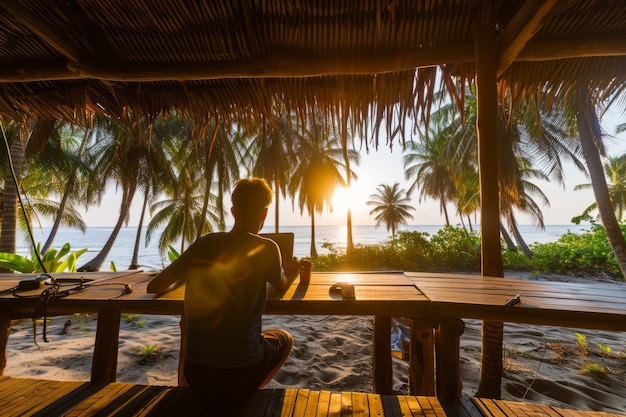 Kostenloses Foto szene mit diversen jungen menschen, die digitale nomaden sind und von traumhaften orten aus fern arbeiten