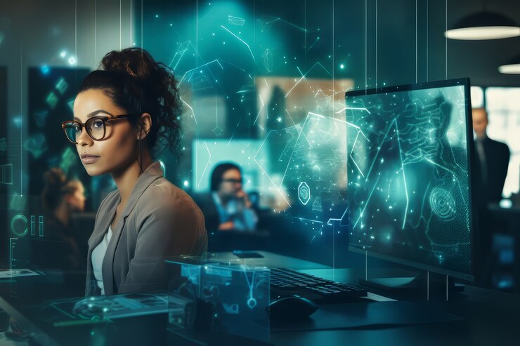 Kostenlose Foto szene mit einem geschäftsmann, der einen futuristischen bürojob hat