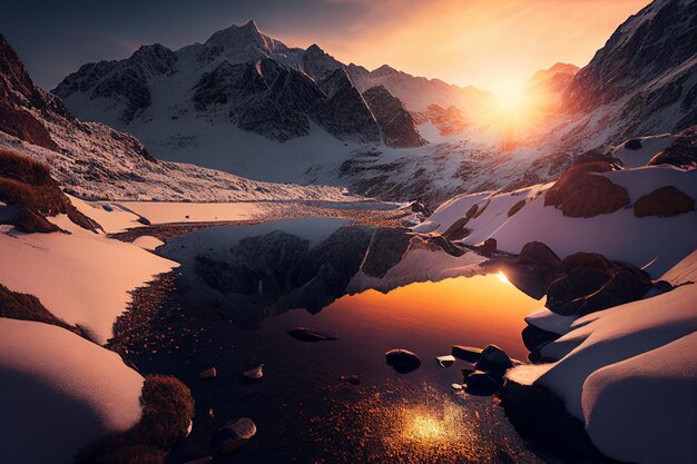 Szenischer Sonnenaufgang in den hohen Bergen der Alpen Generative KI