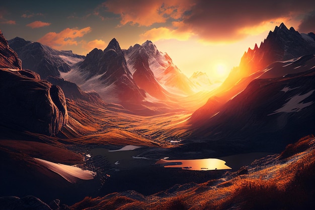Szenischer Sonnenaufgang in den hohen Bergen der Alpen Generative KI