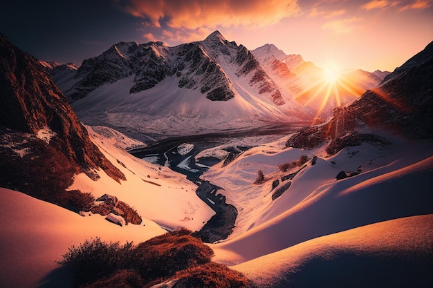 Szenischer Sonnenaufgang in den hohen Bergen der Alpen Generative KI