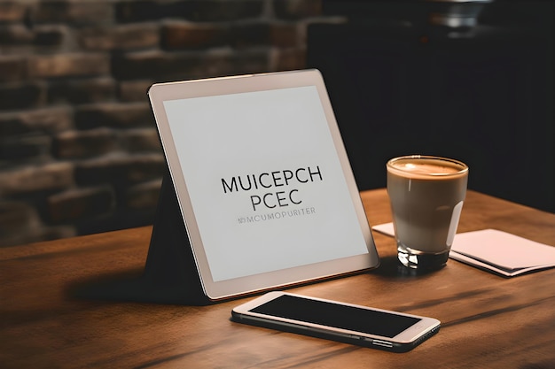 Kostenloses Foto tablet-bildschirm-mockup mit kopierplatz und kaffeetasse auf einem holztisch