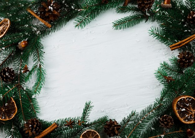 Tannenzweige mit Schnee auf weißem Brett