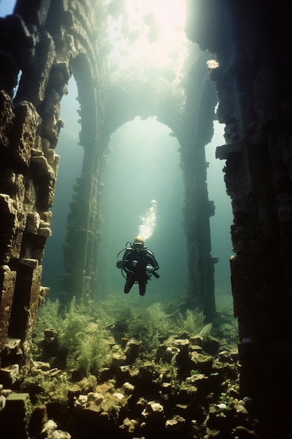 Kostenloses Foto taucher erkundet archäologische unterwassergebäuderuinen