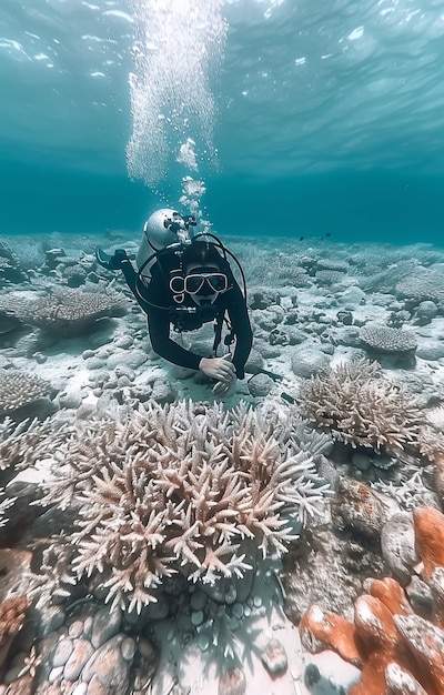 Kostenloses Foto taucher umgeben von wunderschöner unterwassernatur