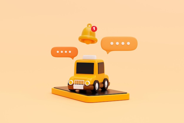 Taxi-auto auf dem smartphone mit erinnerungs-popup-glockenbenachrichtigung und bubble-chat für online-transportservice-konzept web-banner-cartoon-symbol oder symbolhintergrund 3d-illustration