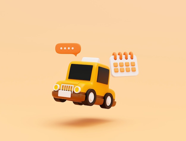 Taxi-Auto mit Bubble-Chat-Nachricht und Kalender für Online-Transportservice-Konzept Web-Banner-Cartoon-Symbol oder Symbolhintergrund 3D-Illustration