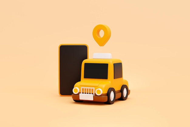 Taxi-Auto mit Pin-Zeiger-Markierungsstandort und Smartphone für Online-Transportservice-Konzept Web-Banner-Cartoon-Symbol oder Symbolhintergrund 3D-Illustration