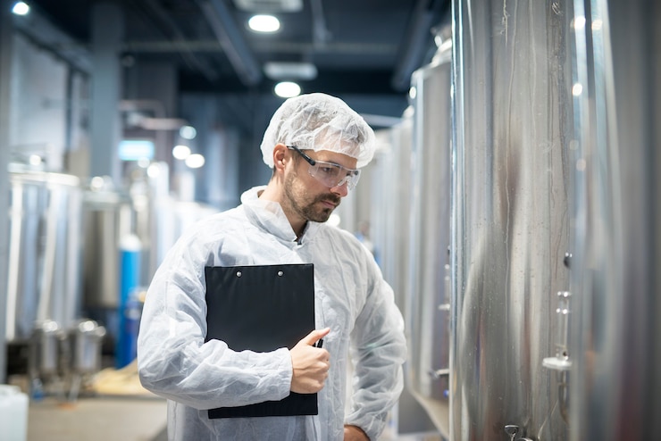 Kostenlose Foto technologe in weißer schutzuniform, die in industrieanlage steht