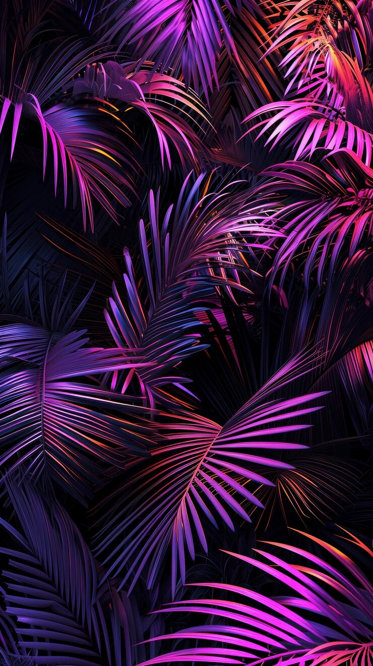 Kostenlose Foto telefonbildschirmhintergrund aus ineinander verschlungenen palmblättern in neonlicht, vertikales futuristisches poster