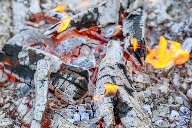Textur feuer lagerfeuer glutholzkohle auf feuer brennendes brennholz orange flamme