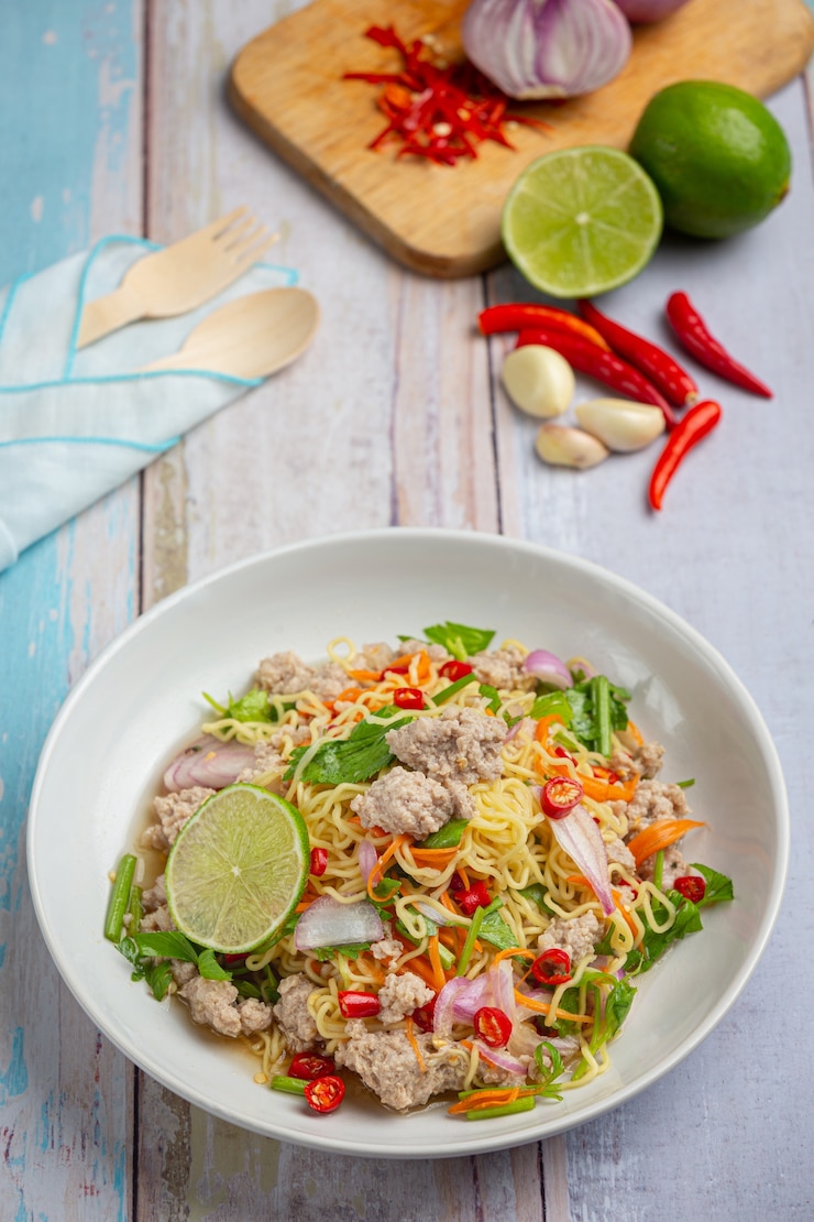 Kostenlose Foto thai essen. würziger nudelsalat mit gehacktem schweinefleisch