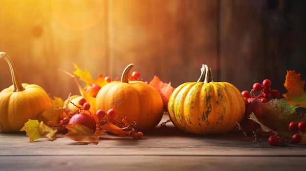 Thanksgiving- oder Herbstszene mit Kürbissen, Herbstblättern und Beeren auf einem Holztisch