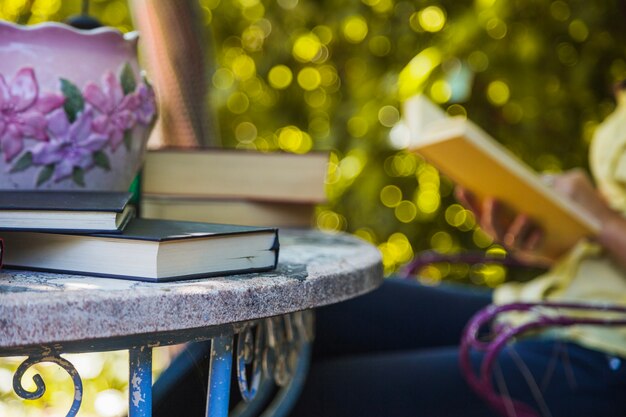 Tisch im Garten mit Lehrbüchern darin