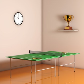 Tischtennisplatte mit paddeln an einer wand im raum. 3d-rendering