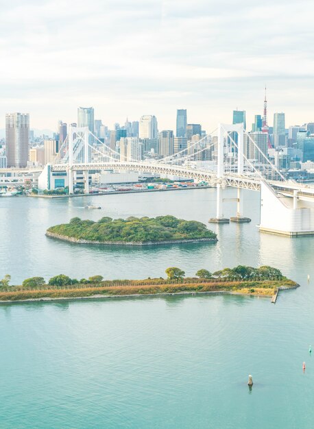 Tokyo Skyline mit Tokyo Turm und Regenbogen Brücke.