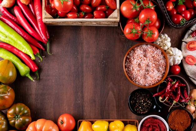 Tomaten Paprika Salz Knoblauch mit textfreiraum im Rahmen angeordnet