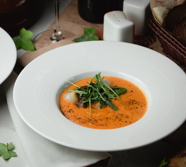 Tomatensuppe mit Zwiebeln und grünen Kräutern.