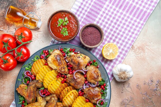 Top Nahaufnahme Ansicht Gericht Hühnerflügel Kartoffeln Öl Tomaten mit Stiel Gewürze auf der Tischdecke