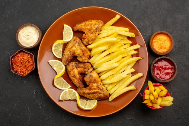 Top Nahaufnahme Teller und Soßen Orange Teller mit Hähnchenflügeln und Pommes frites zwischen drei Arten von Soßen und bunten Gewürzen in der Mitte des Tisches