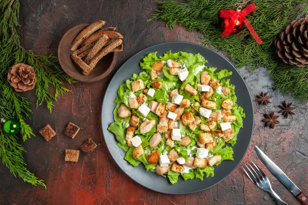 Top View Caesar Salad auf ovaler Platte Kiefernzweige Gabel und Messer Anis Schüssel mit getrockneter Kruste auf dunkelrotem Hintergrund