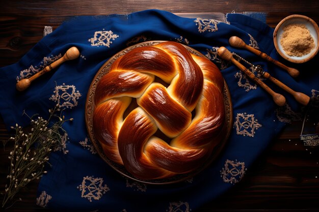 Top-View Challah-Gericht für Chanuckah