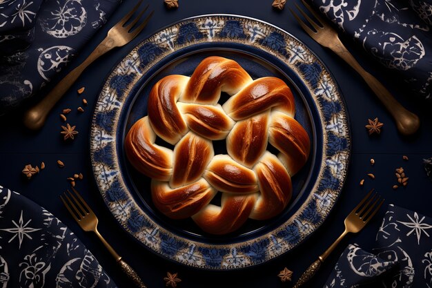 Top-View Challah-Gericht für Hanukkah