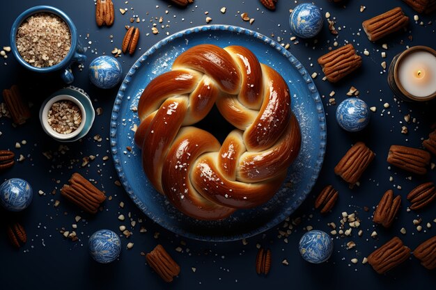 Top-View Challah-Gericht für Hanukkah