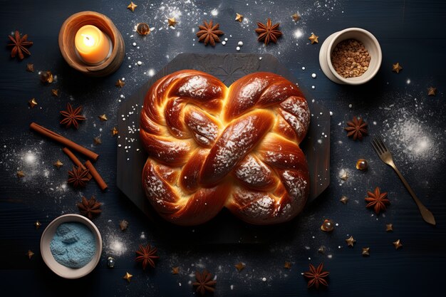 Top-View Challah-Gericht für Hanukkah