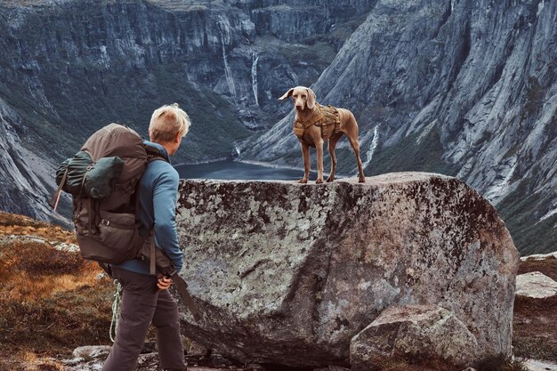 Touristenmännchen mit seinem süßen Hund, der auf dem norwegischen Fjord steht.