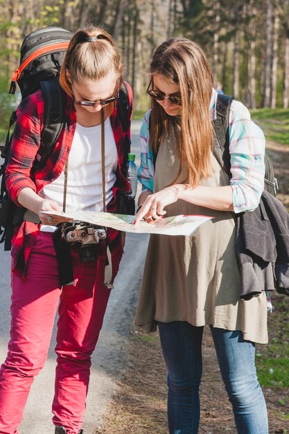 Touristisches Paar mit Karte im Wald