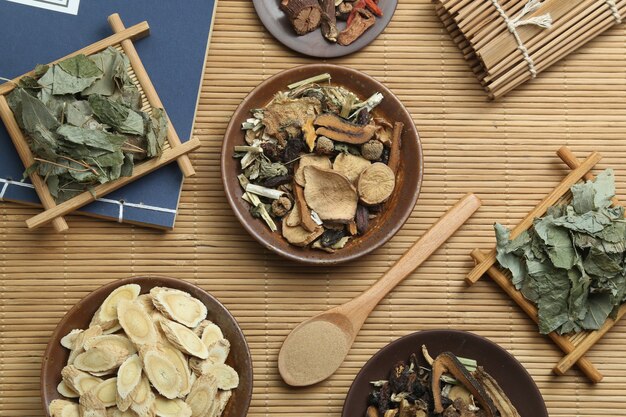 Traditionelle chinesische Medizin und alte medizinische Buch auf Bambus
