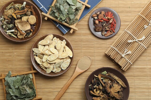 Traditionelle chinesische Medizin und alte medizinische Buch auf Bambus