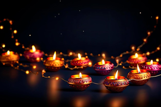 Kostenloses Foto traditionelle indische öllampen für das diwali-fest auf dunklem hintergrund. traditionelles hinduistisches fest