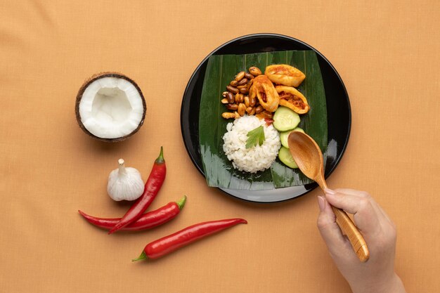 Traditionelle Nasi Lemak Mahlzeit Zusammensetzung von oben