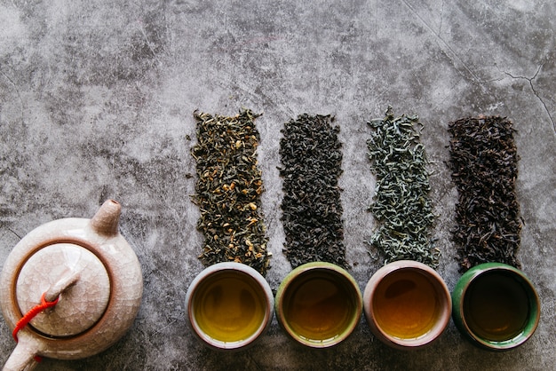 Traditionelle Teekanne mit getrockneten Kräutern und Teetassen auf konkretem dunklem Hintergrund