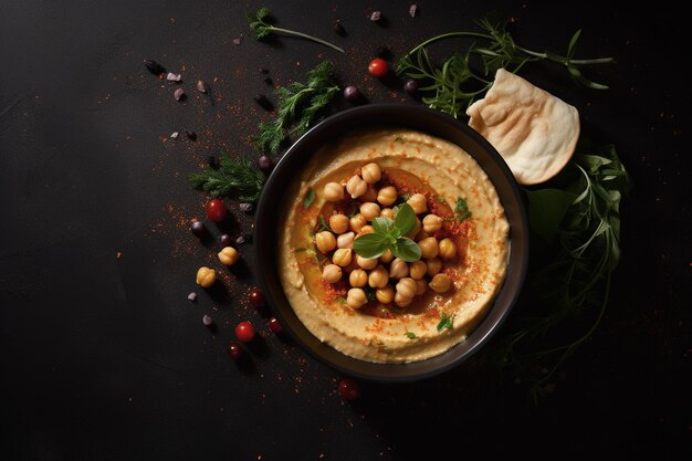 Traditioneller Kichererbsen-Hummus mit Fladenbrot auf dunklem Hintergrund Draufsicht Kopierbereich Ai generativ