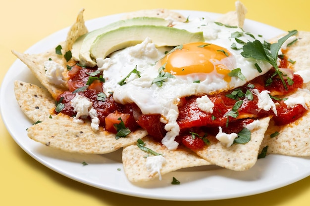 Kostenloses Foto traditionelles mexikanisches frühstück, rote chilaquiles mit ei auf gelbem hintergrund