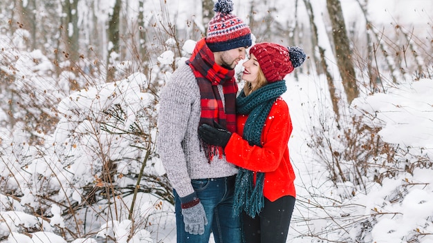 Träumende zufriedene Paare im Winterwald