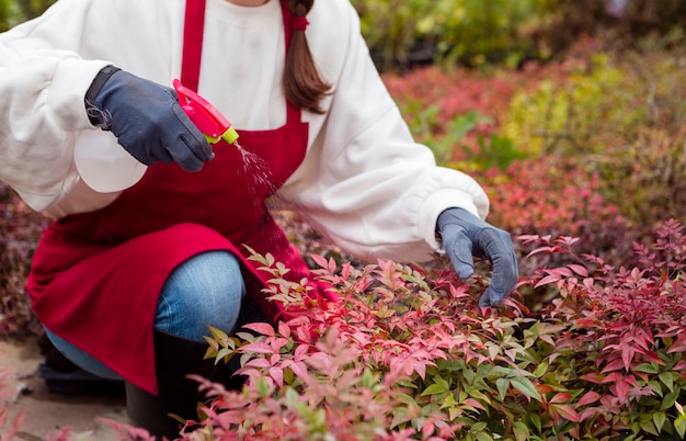 Tragende Gartenarbeitkleidung der Nahaufnahmefrau, die Anlagen sprüht