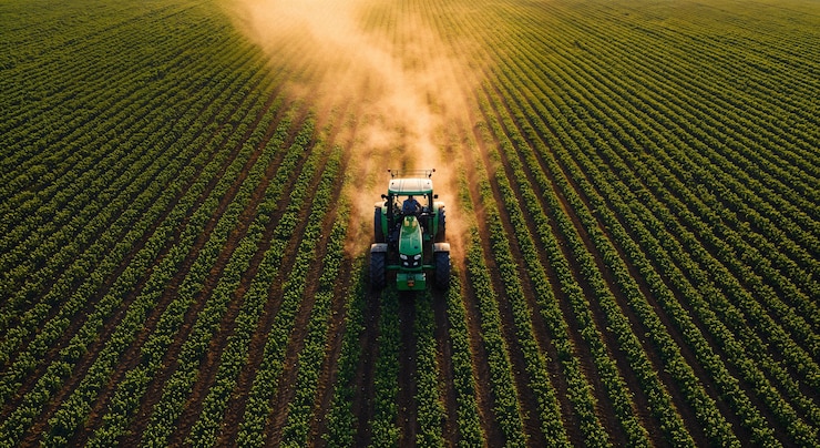 Kostenlose Foto traktor arbeitet auf einem grünen feld