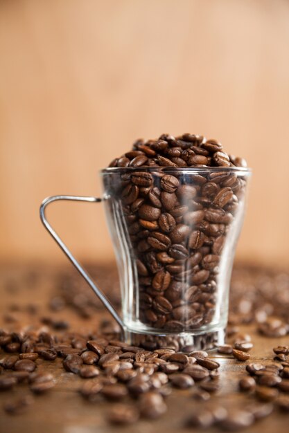 Transparente Glas-Tasse gefüllt mit Kaffeebohnen