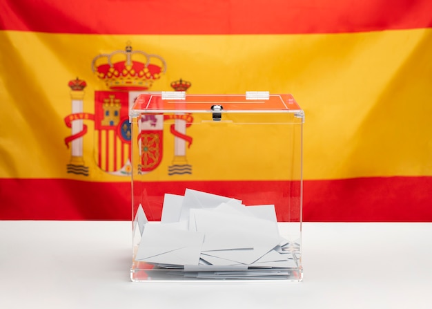 Transparente Wahlurne auf spanischem Flaggenhintergrund