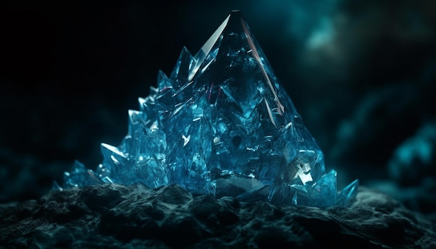 Transparenter Quarzkristall schwebt auf dunklem, von KI erzeugtem Hintergrund